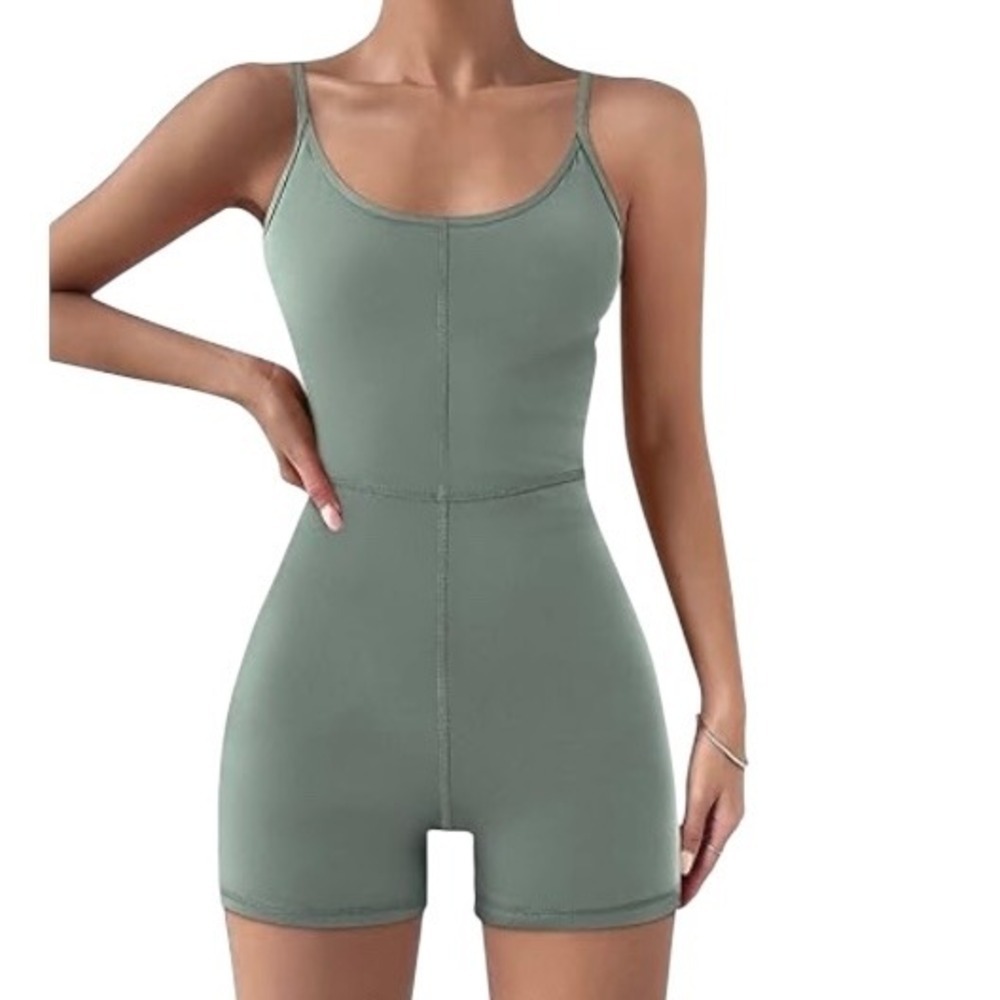 Automet Woman's Sage Green Athletic Romper Spaghetti Strap Bodysuit